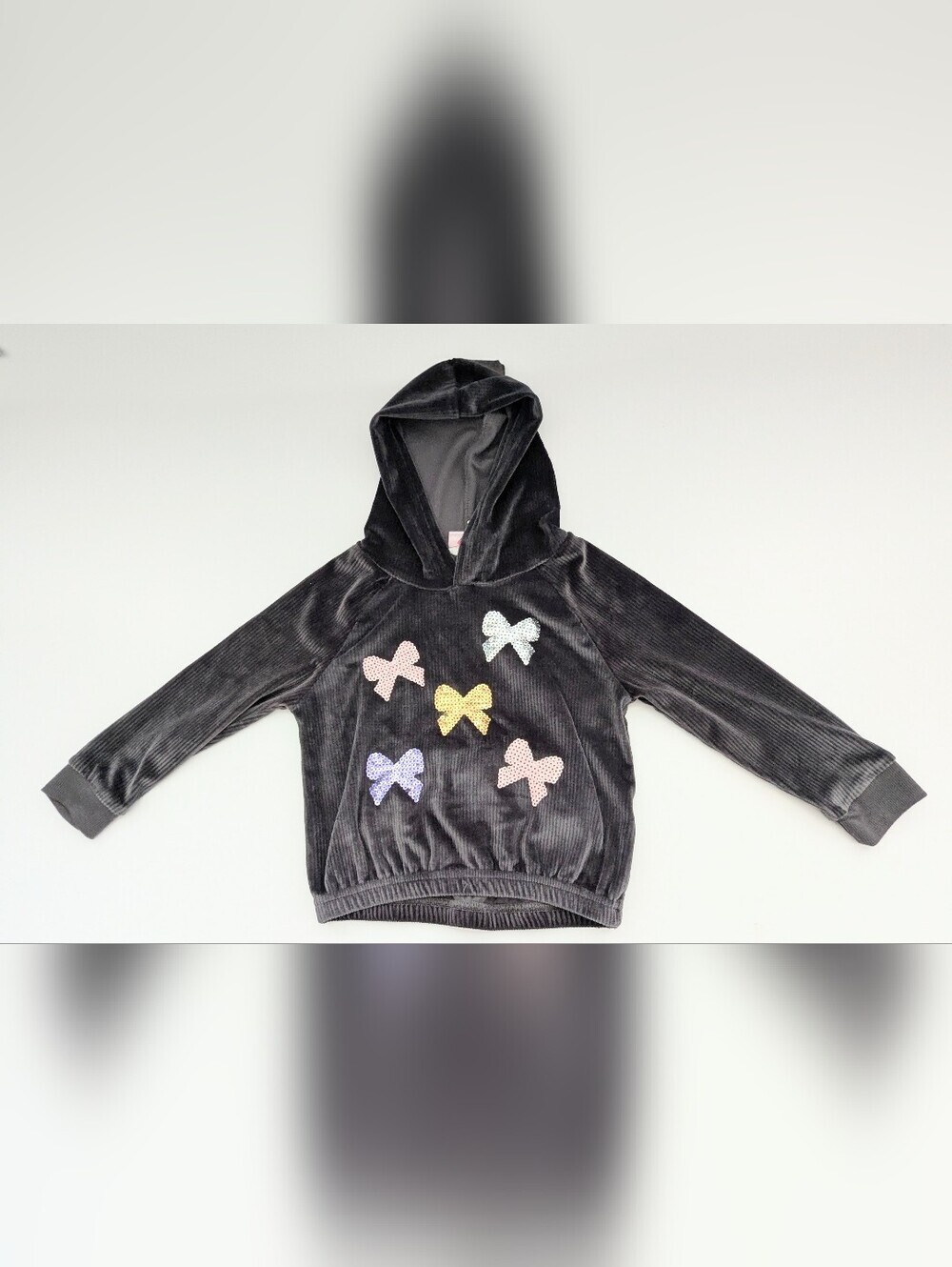 Penelope Mack Girls' (Size 5) Dark Grey Ribbed Velvet Hoodie w/Sequins Bows
